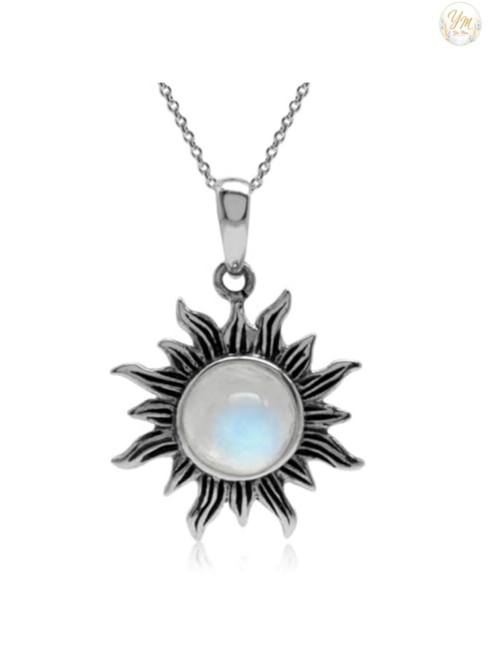 Natural Moonstone 925 Sterling Silver Sun Ray Pendant 18 Inch Chain Necklace